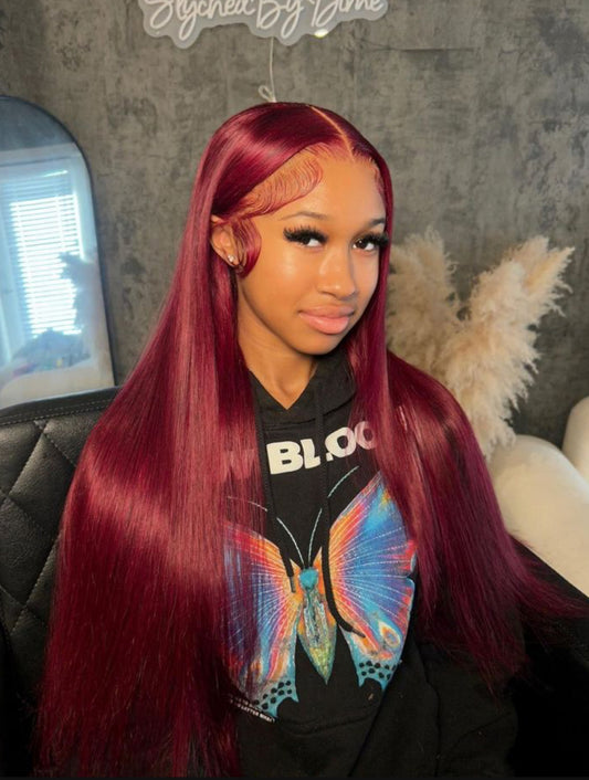 Burgundy straight frontal wig