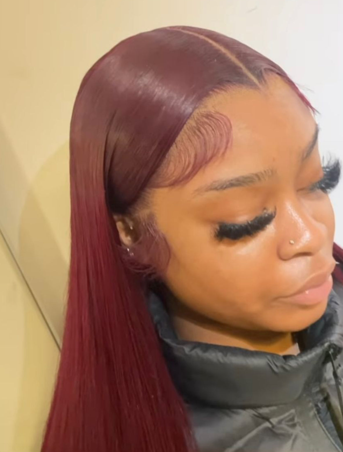 Burgundy straight frontal wig