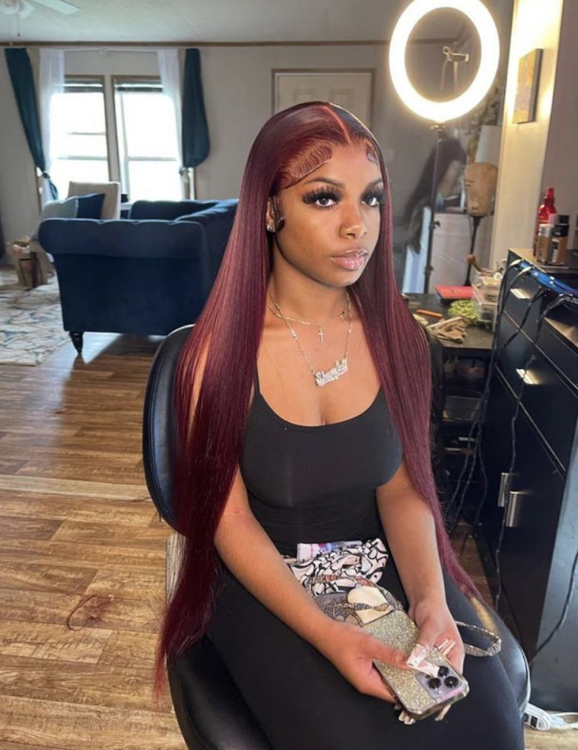 Burgundy straight frontal wig